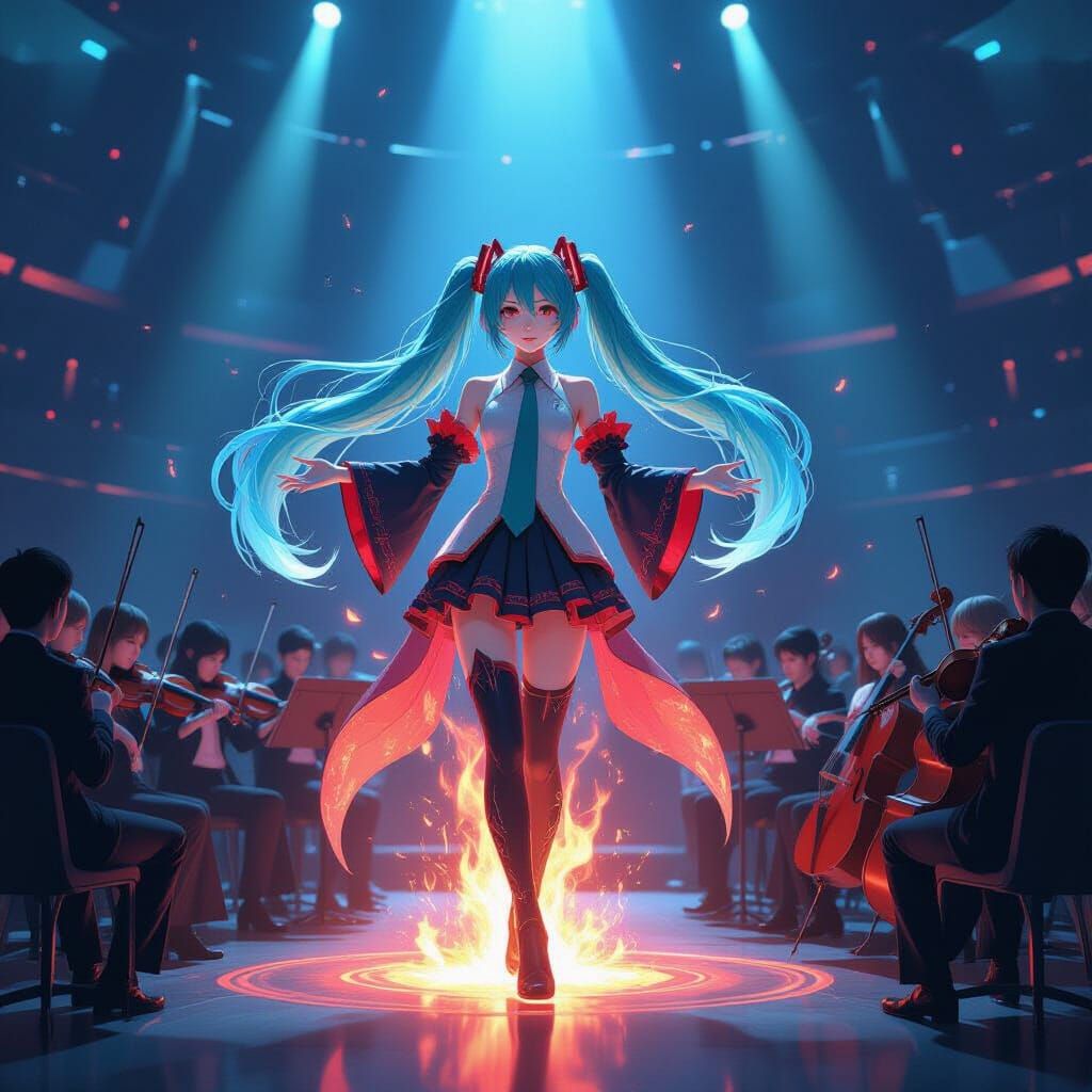 Cyberpunk Fire Spirit Conducts Zero-Gravity Orchestra