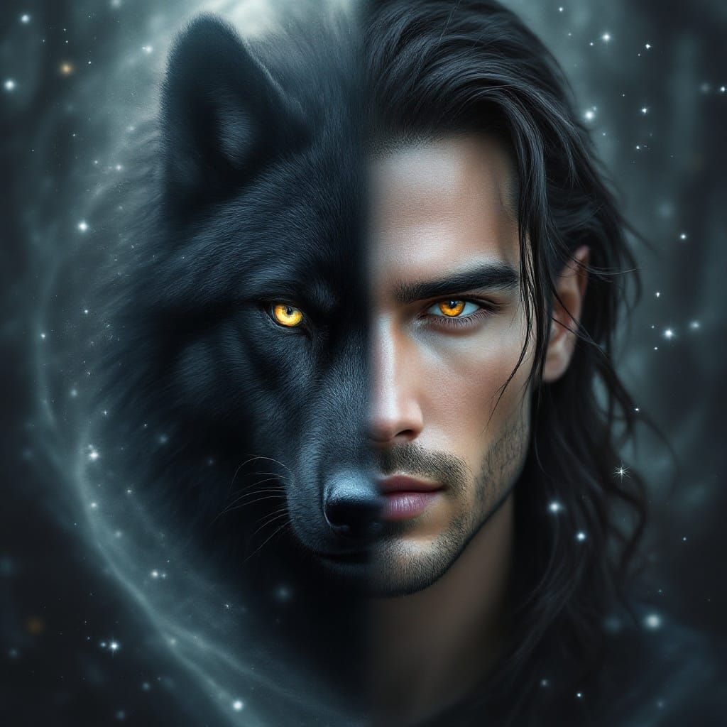 Man and Wolf Portrait in Cosmic Forest