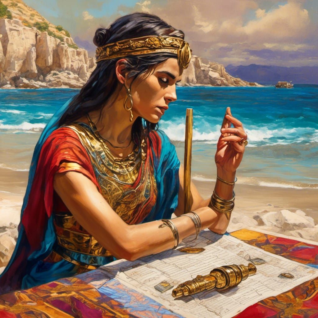 <lora:Phoenicia:1.0> alcohol ink picture of a beautiful Phoenician woman with hands having four fingers and a thumb at t...