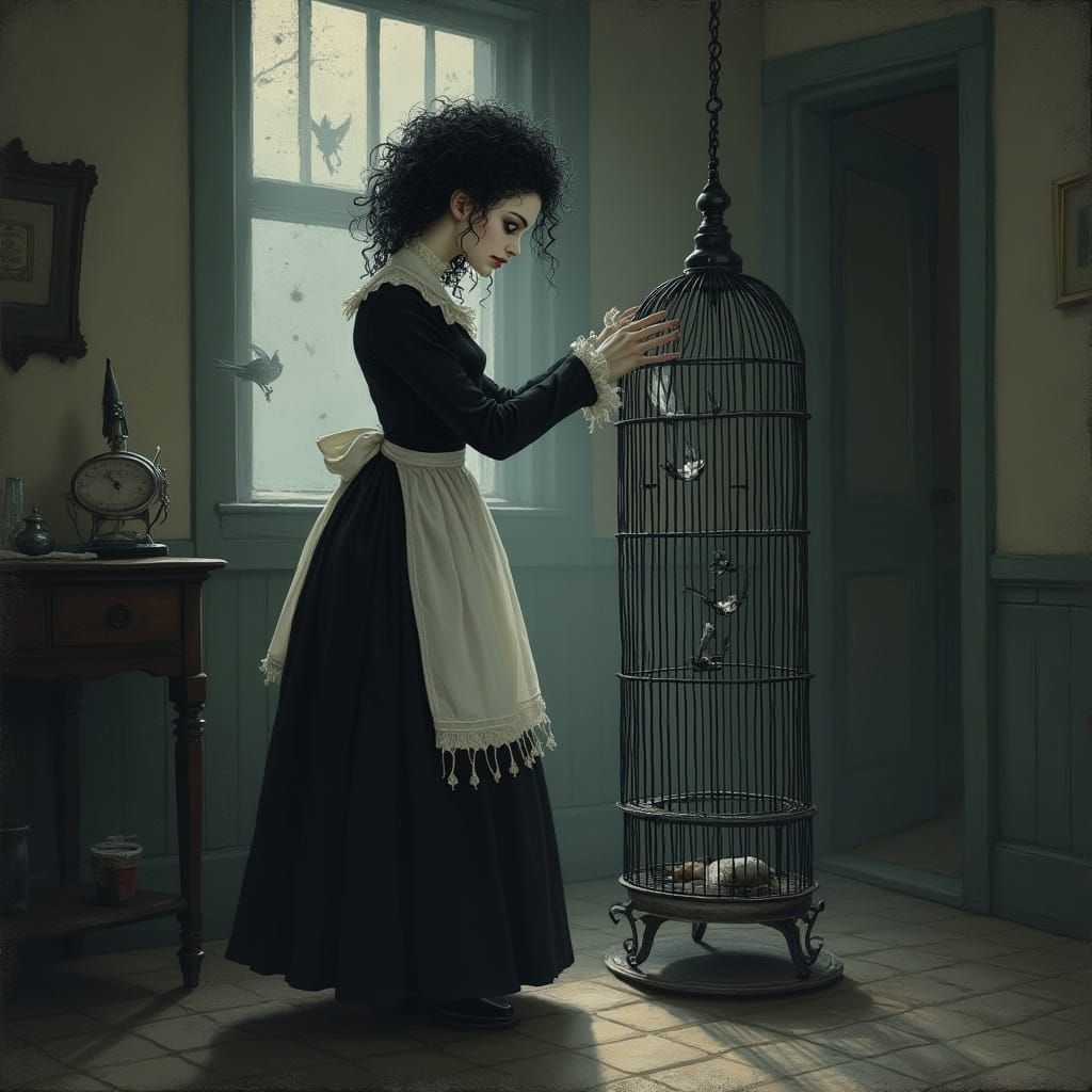 Gothic Chambermaid Cleans Birdcage in Victorian Asylum