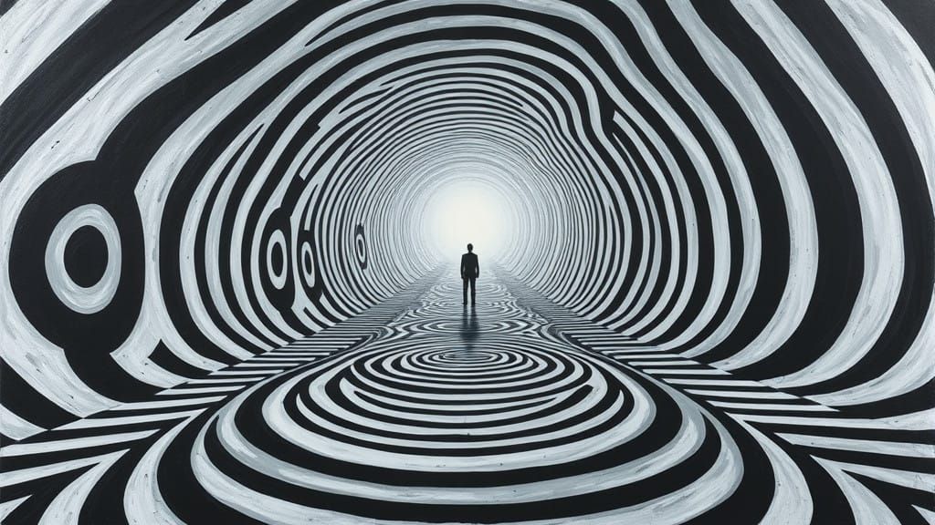 Surreal Tunnel Vision Painting in Black and White