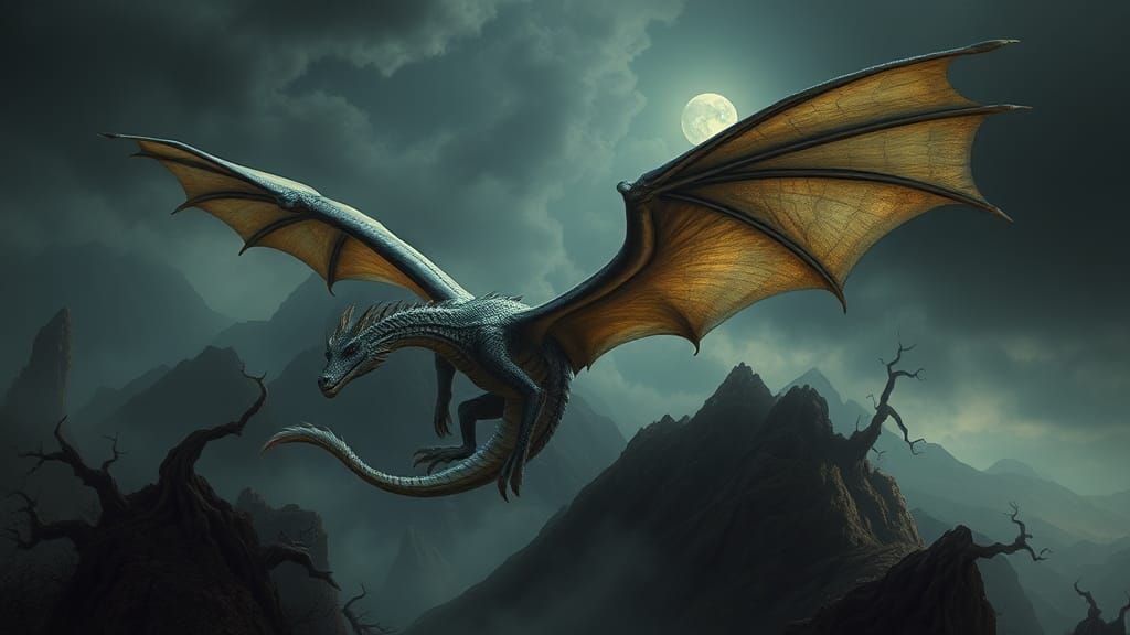 Dragon Soaring Over Moody Atmospheric Landscape