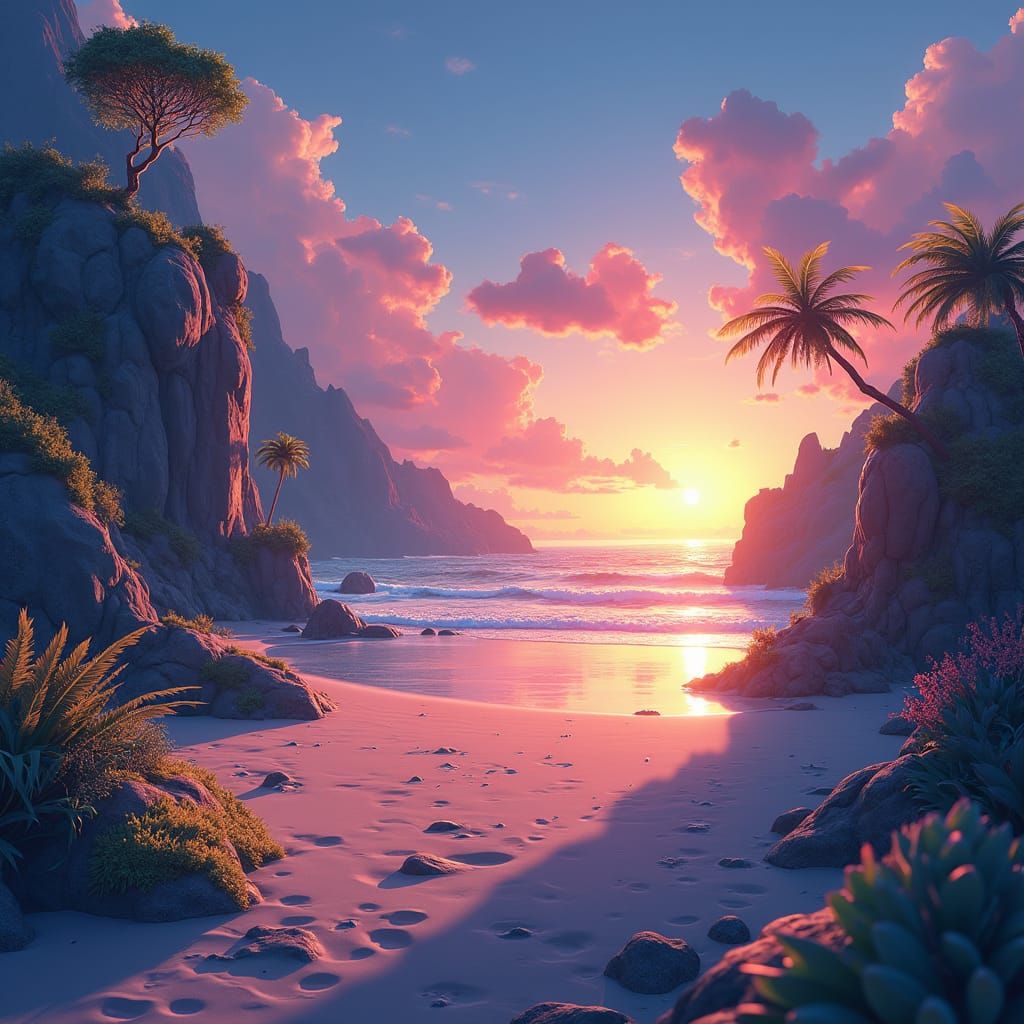 Anime Beach Sunset Landscape in Digital Painting Style