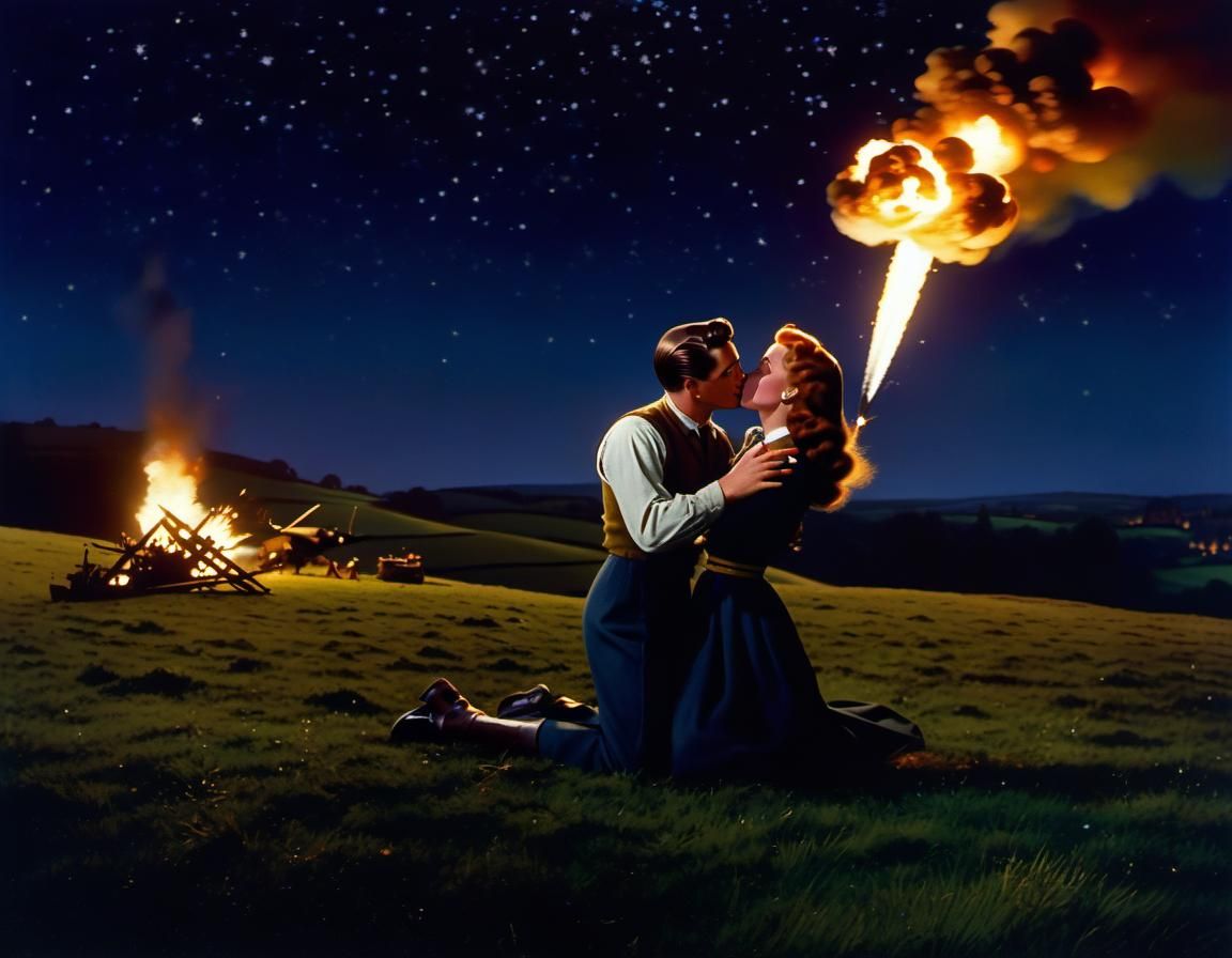 Passionate Kiss Interrupted by WWII Bombers in Disney Style