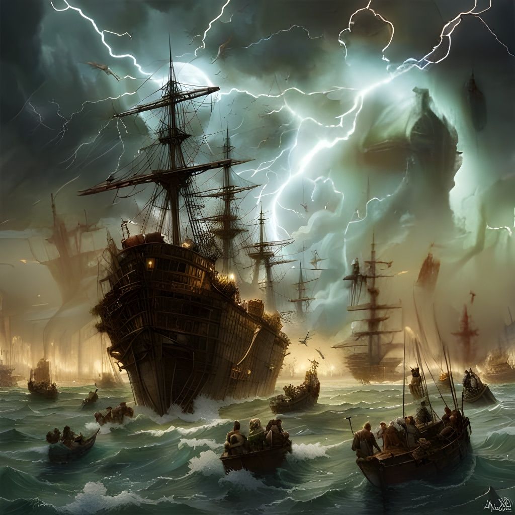Electrical Doomsday Port Landscape with Flying Ships