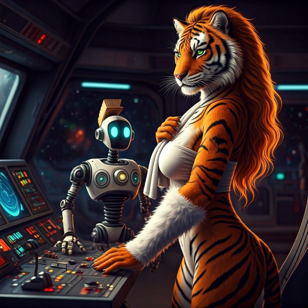 Anthropomorphic Tigress Commands Starship in Retro-Futuristi...