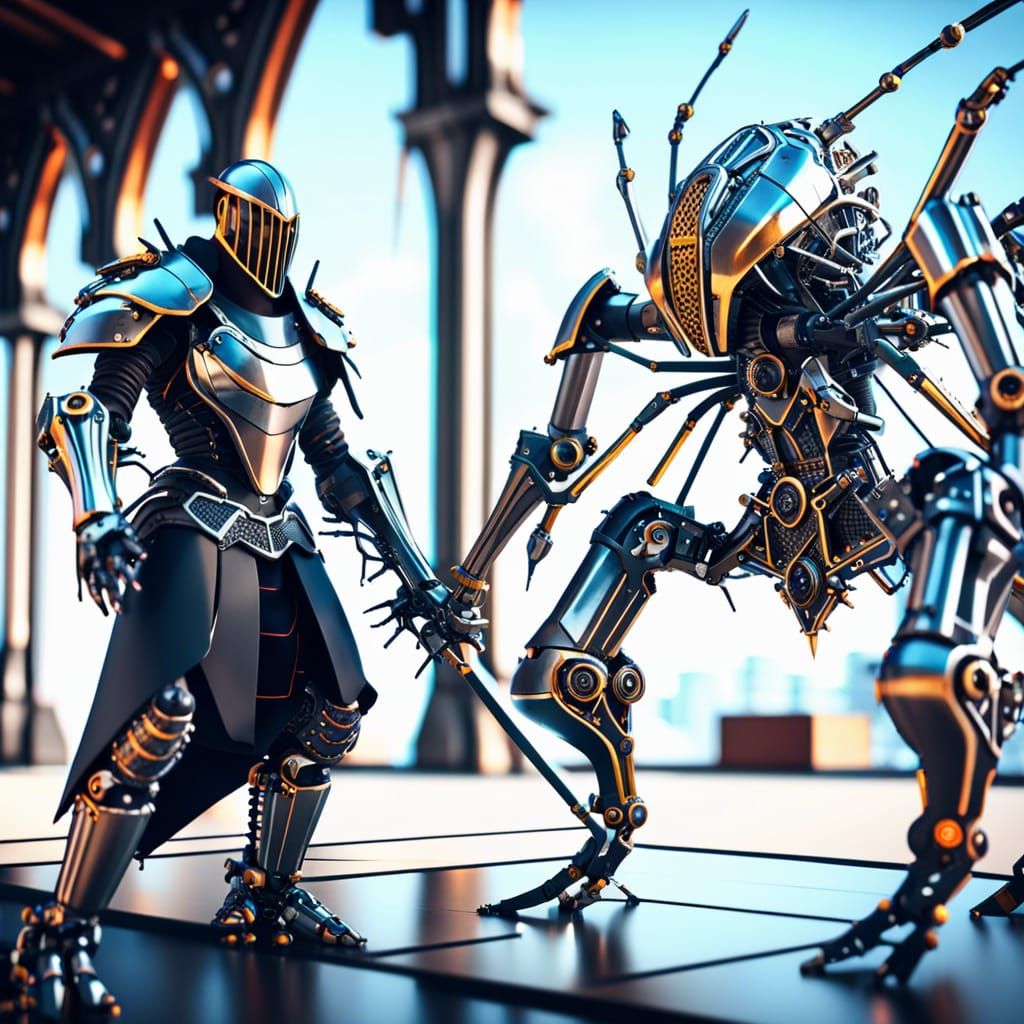 Cyberpunk Knight Battles Robotic Spider in Futuristic Settin...