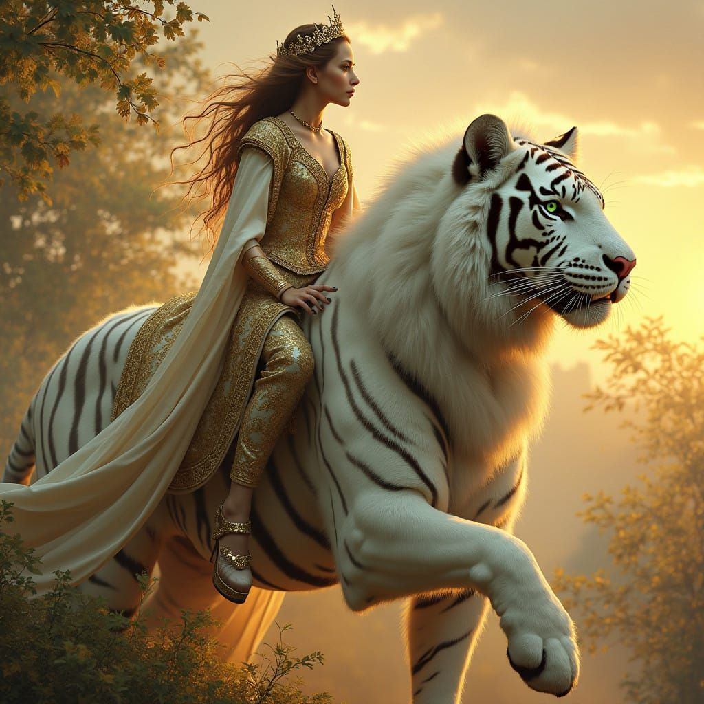 Lady Godiva Rides a Majestic White Tiger in Dreamlike Sunset...