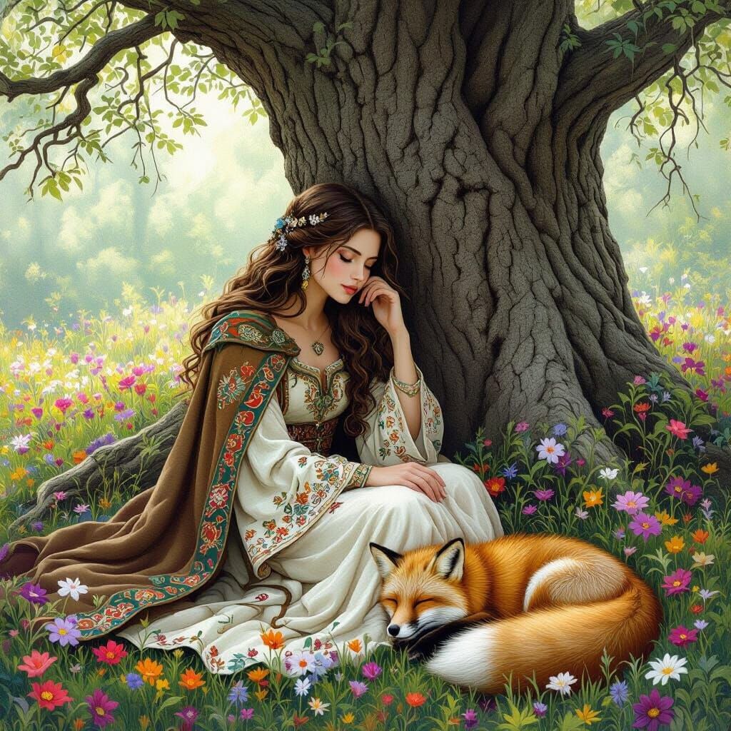 Medieval Woman and Fox in Enchanted Forest