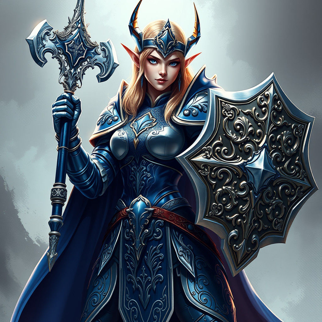 Elven Cleric in Blue Armor, Anime Style