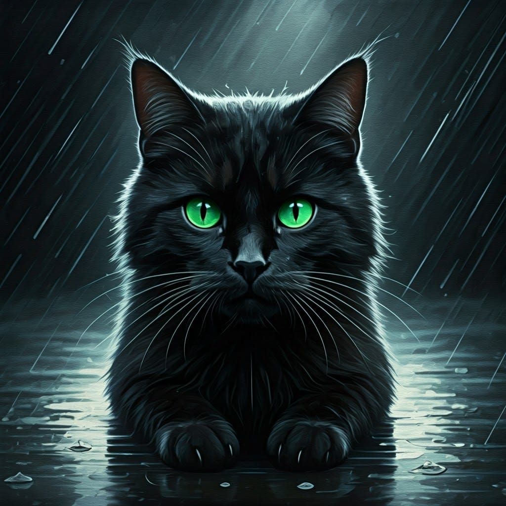 Black Cat in Rain, Impasto Oil Painting