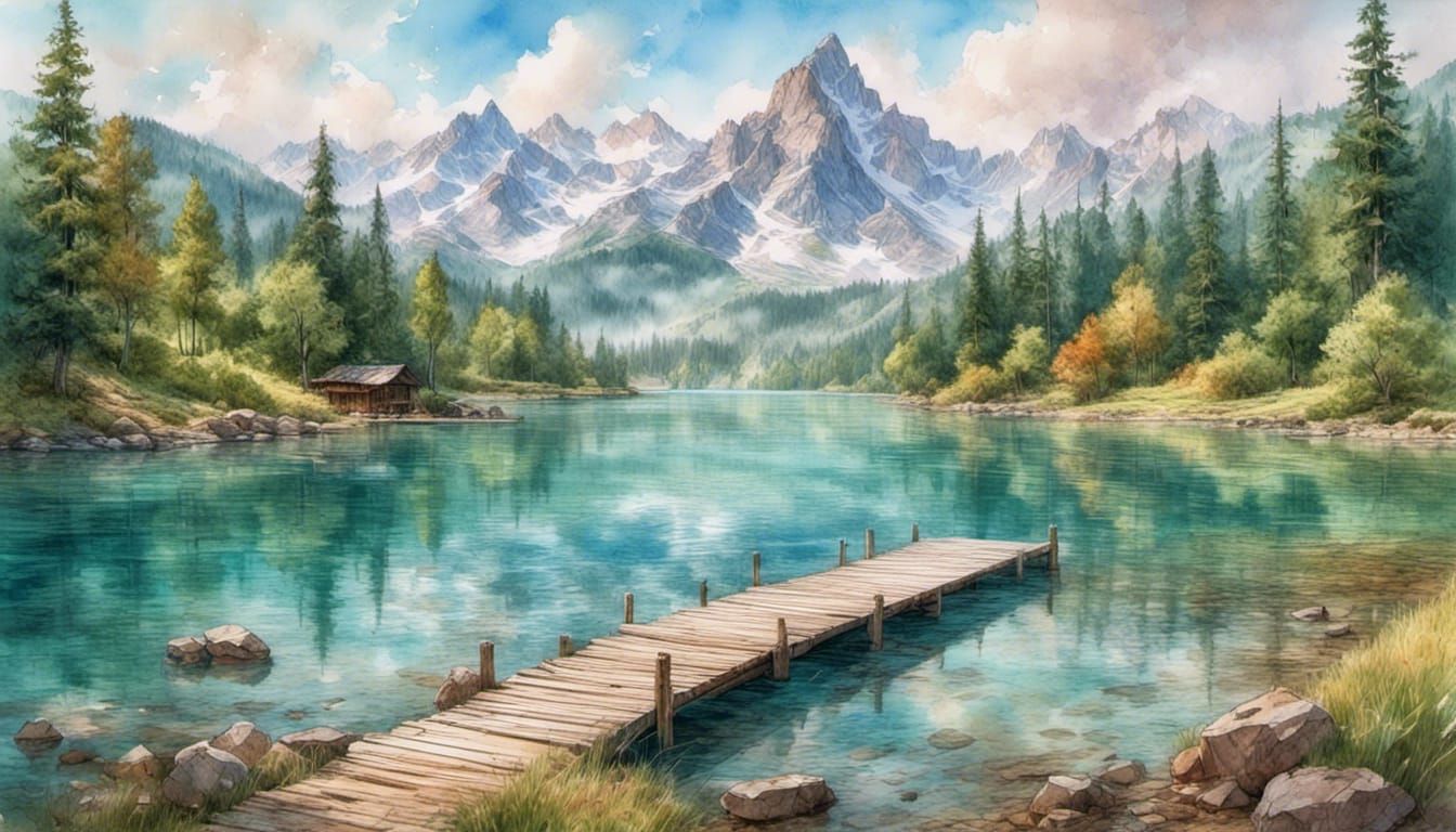 Serene Mountain Lake with Sailboats and Pier