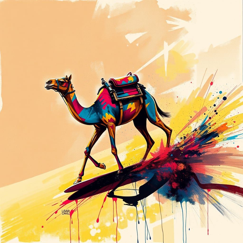 Camel Surfing Sand Dune in Graffiti Pop Art