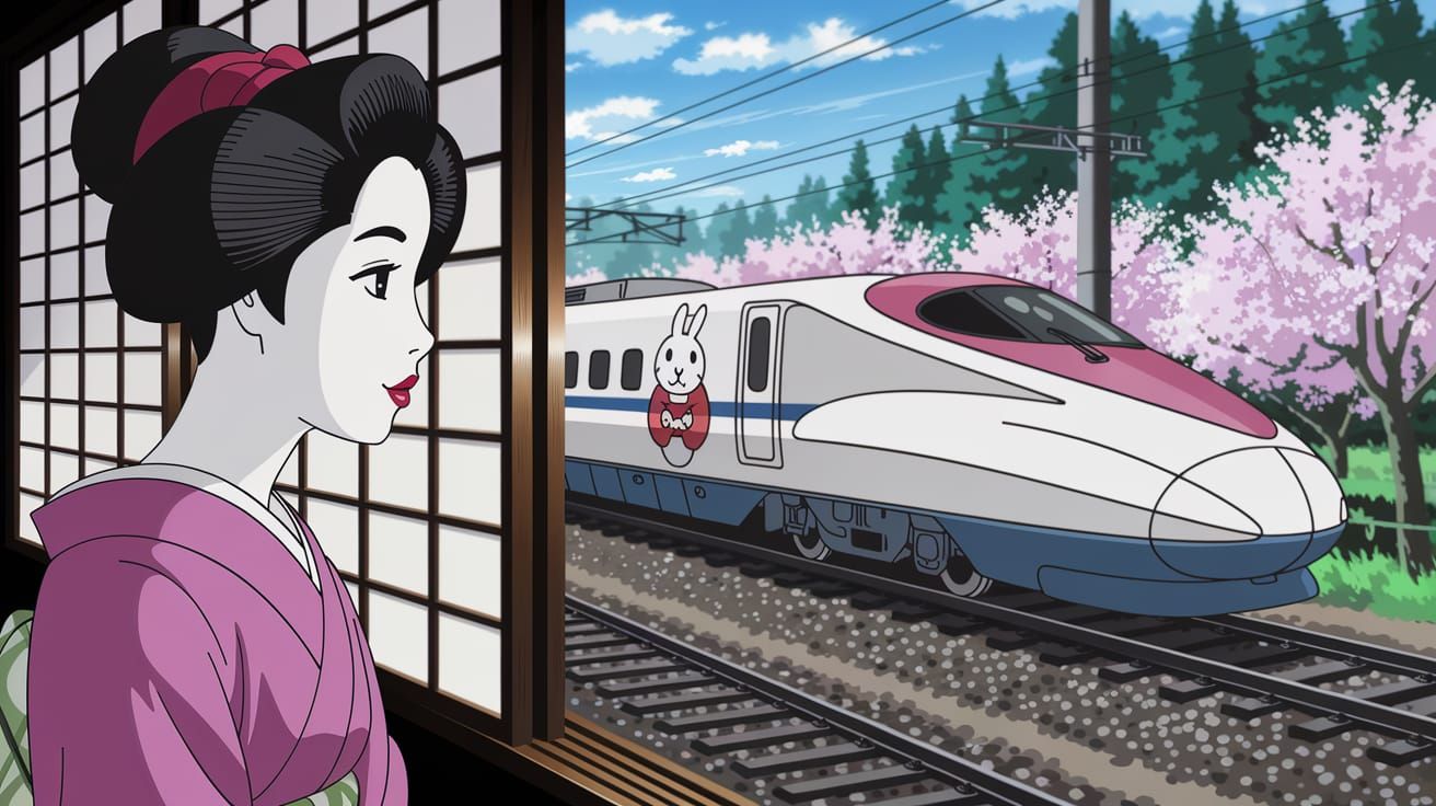 Geisha Watches Shinkansen Train Speed by with Rabbit Mascot