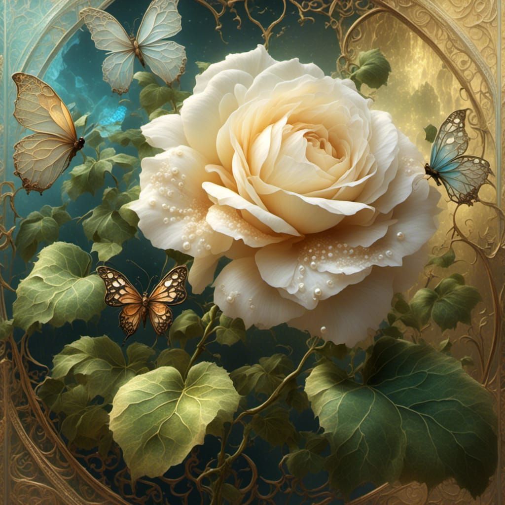 Gorgeous White Rose with Ladybug in Oil Painting Style