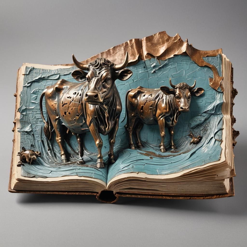 Cow Bas-Relief Sculpture on Torn Book in Bronze