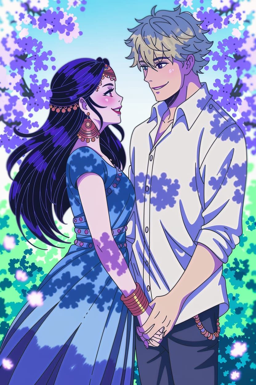 Anime-Style Portrait: Indian Woman and German Man