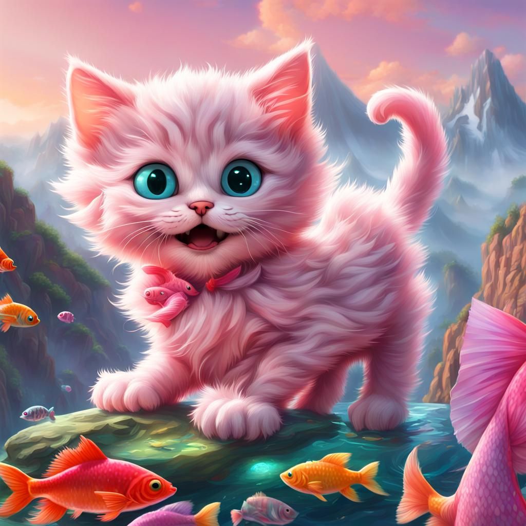 Fluffy Pink Kitten on Mountain of Fish
