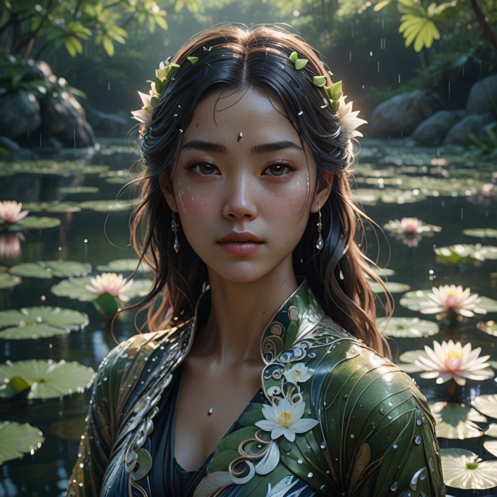 Ethereal Water Goddess in Serene Lake Landscape