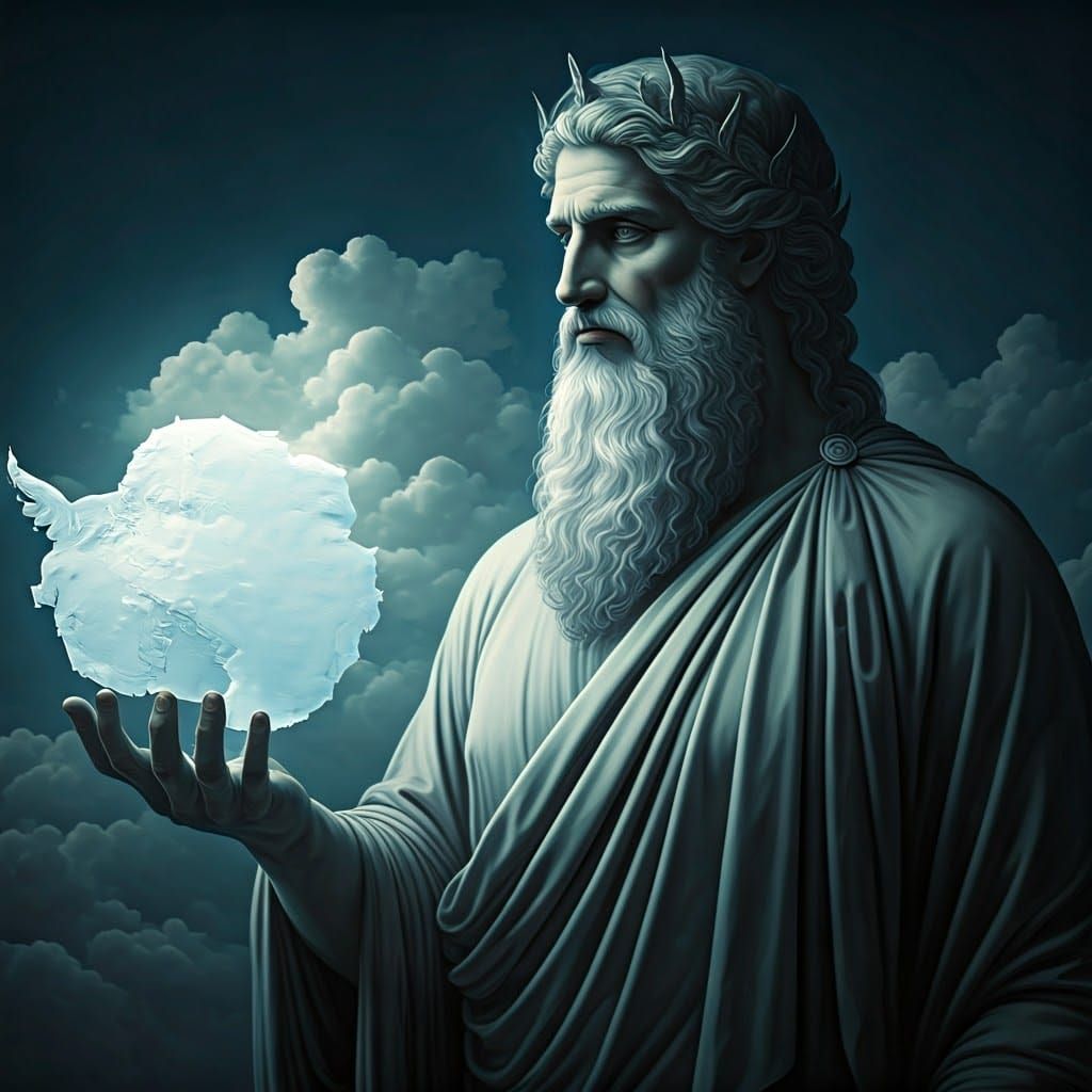 Classical Greek God Posidon Holds Frozen Antarctica