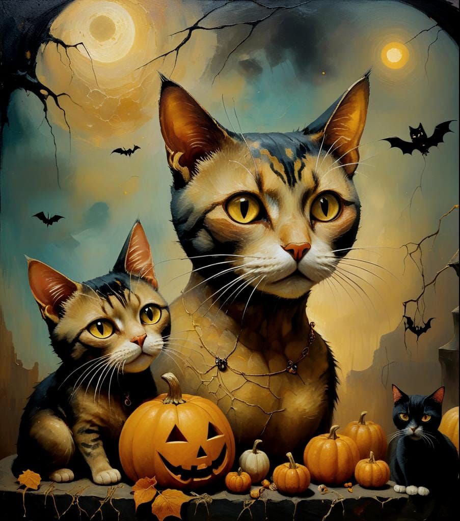 Surreal Cats Celebrate Halloween: Mas-Surrealist Oil Paintin...