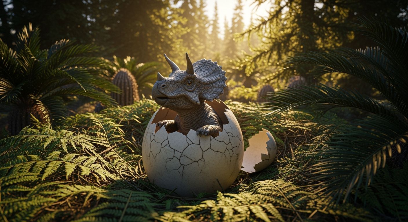 Baby Triceratops Hatching in Prehistoric Sunlight