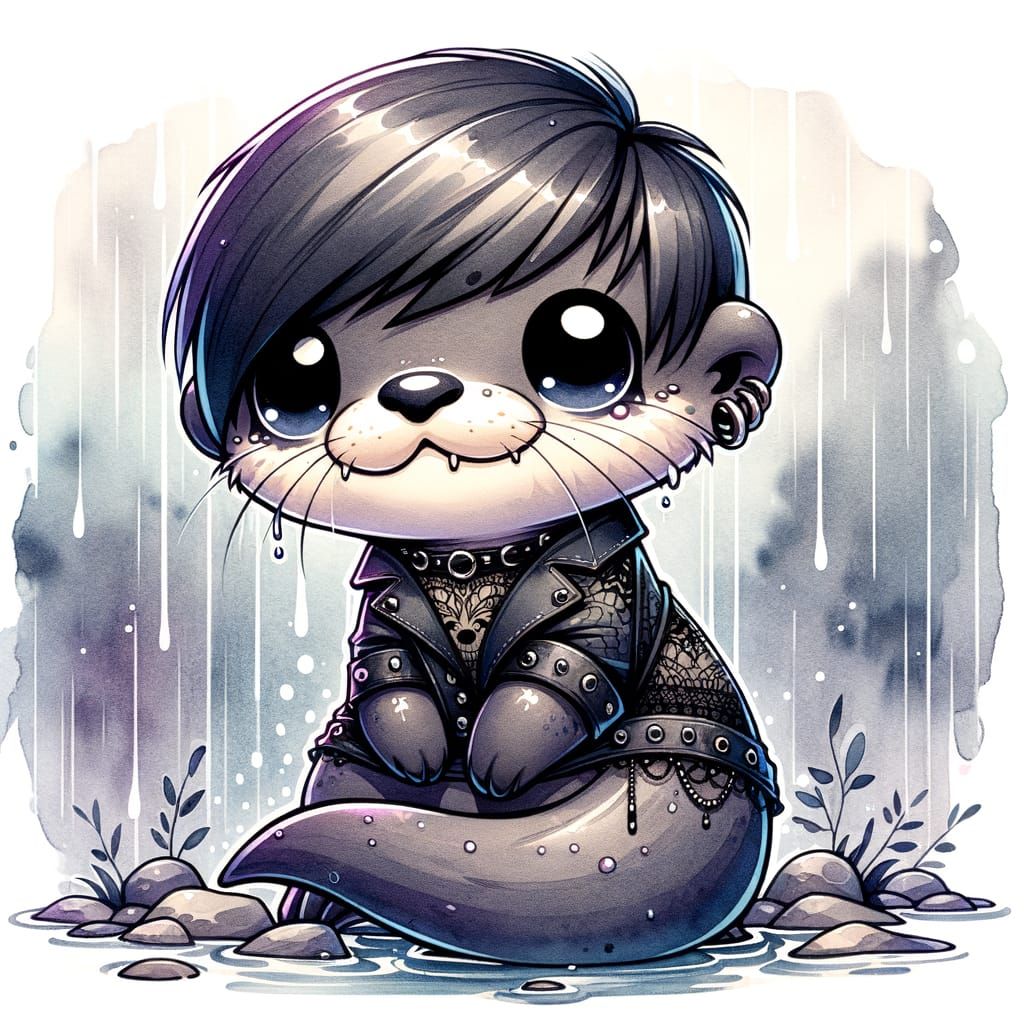 Emo Otter in Gentle Rain, Watercolor Chibi Style