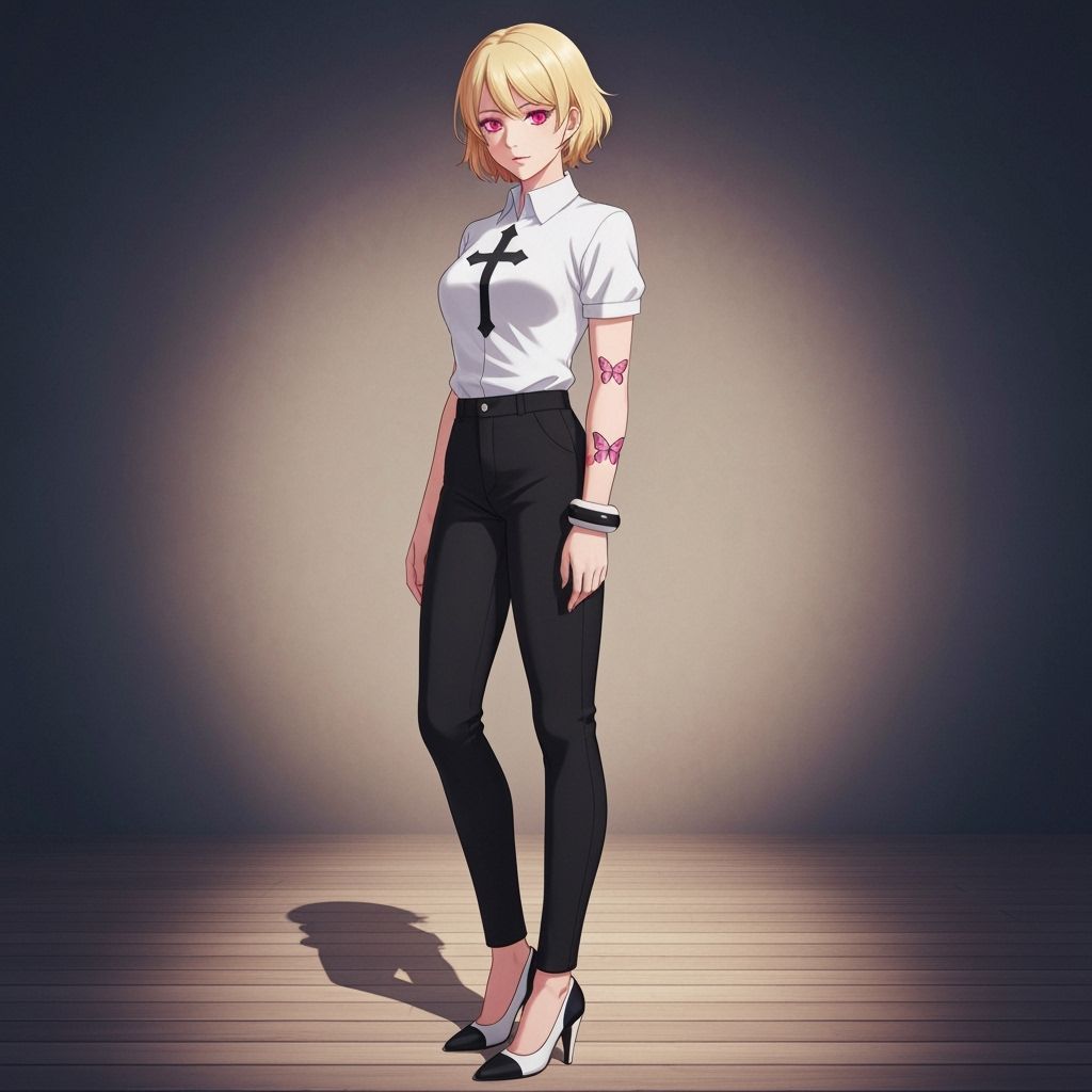 Anime-Style Woman with Pink Eyes and Cross Emblem