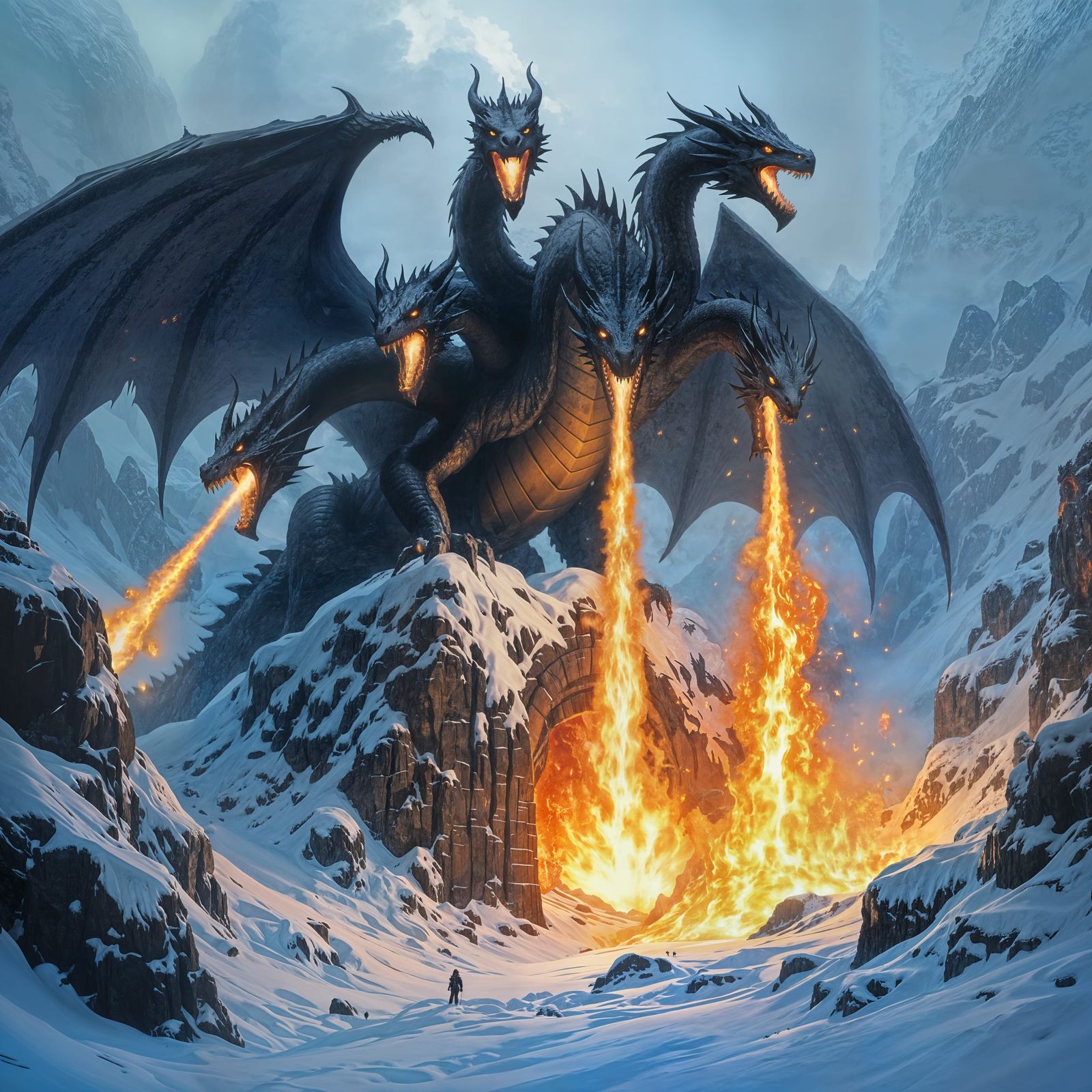Six-Headed Black Dragon Melts Cave Entrance on Snowy Mountai...