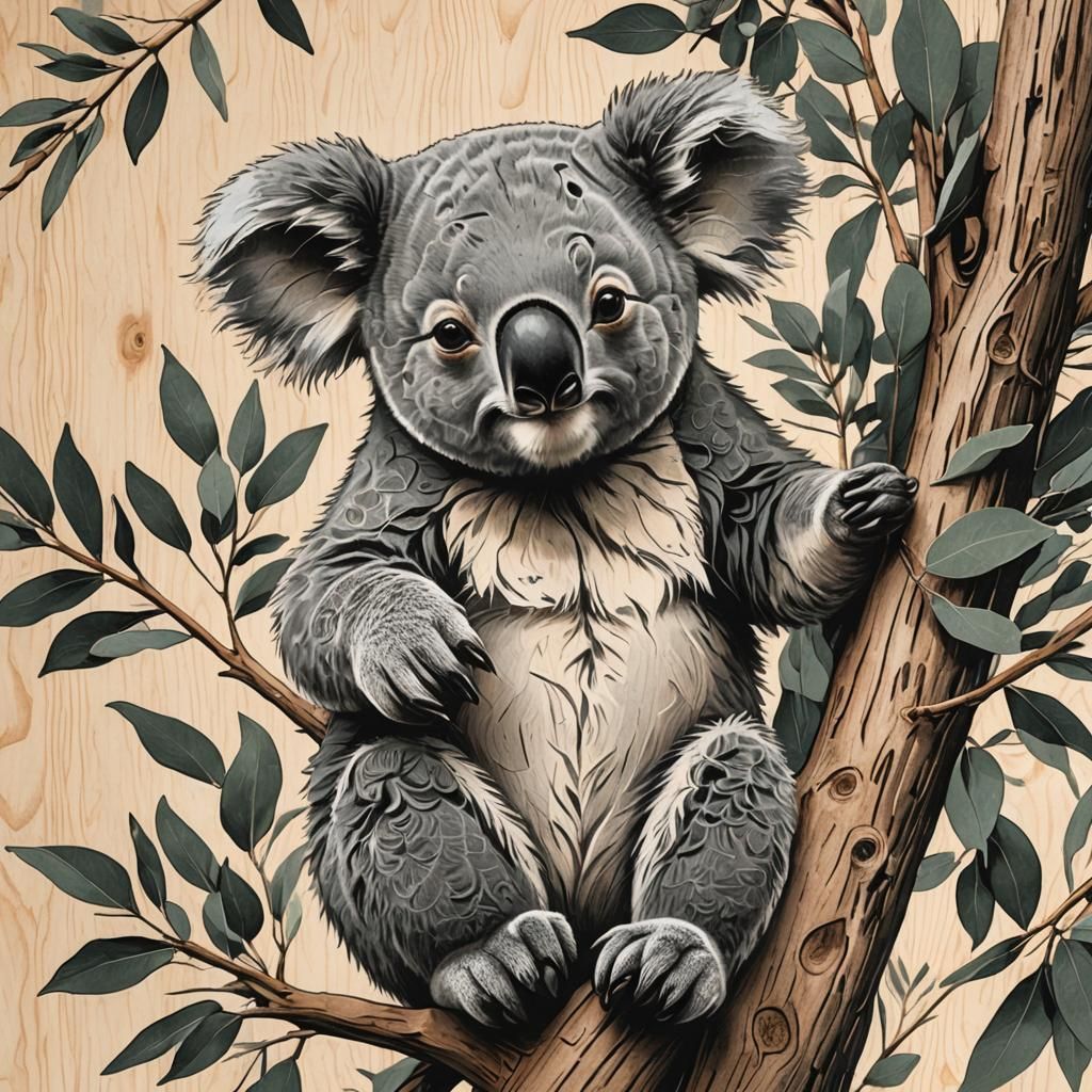 Koala on Eucalyptus Branch in Scratch Art Style