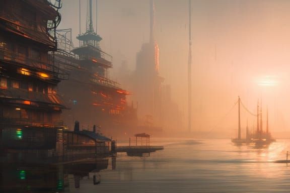 Fantastical Harbor Metropolis in Detailed Watercolor