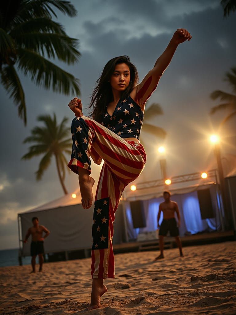 American Flag Kung-Fu Woman on Tropical Rave Beach