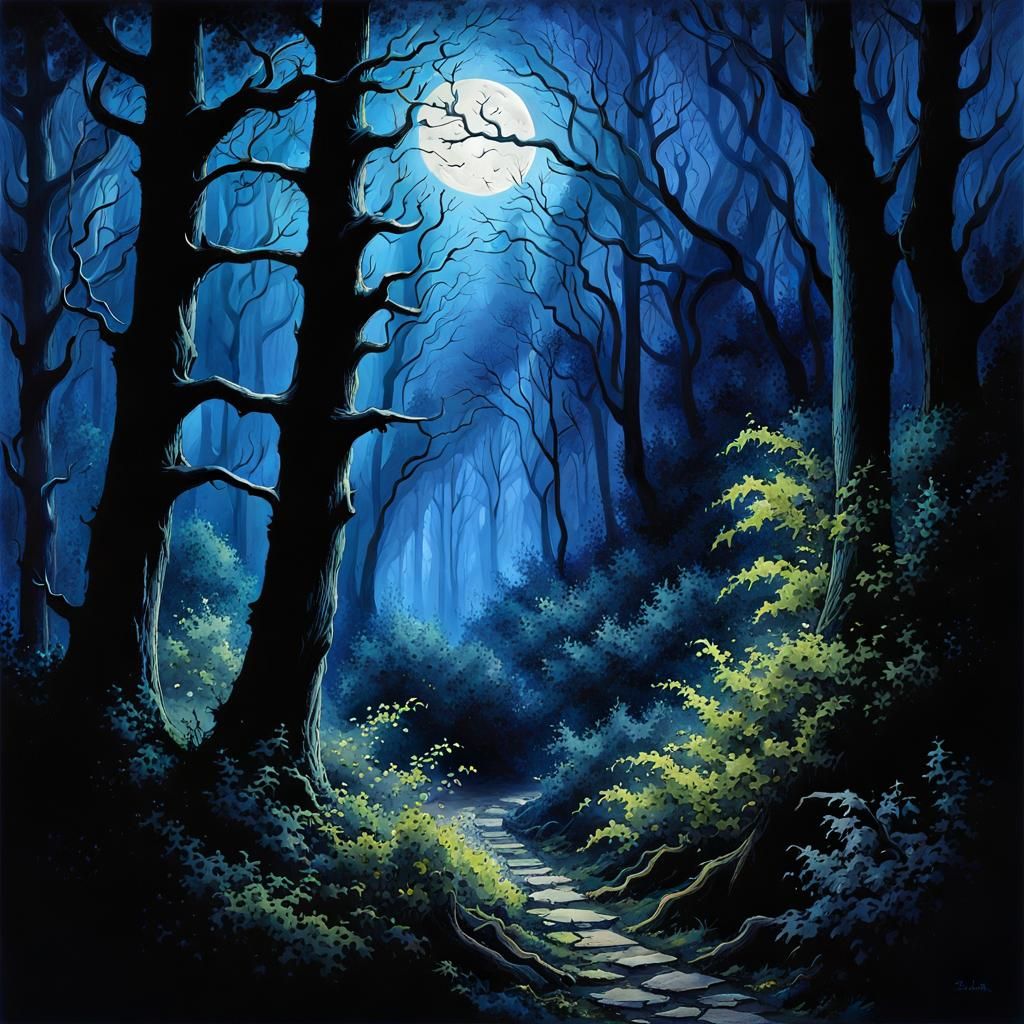 Moonlit Path Through Dark Forest, Digital Matte Painting