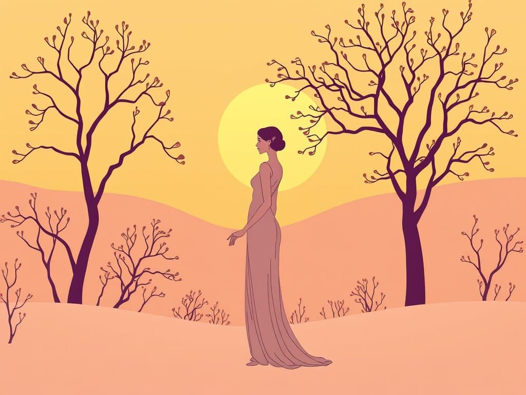 Ethereal Figure in Citron-Hued Minimalist Art Nouveau Scene