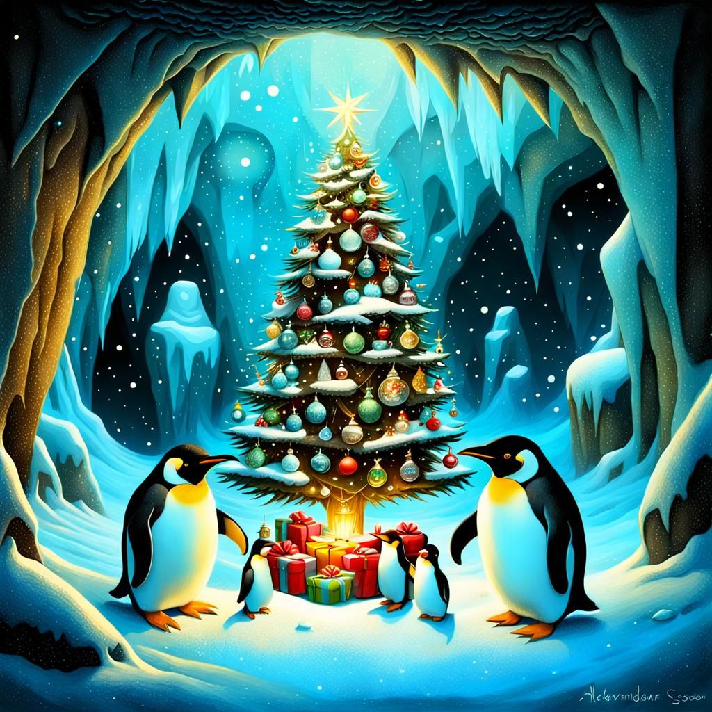 Penguin Family Christmas Celebration in Magic Realism