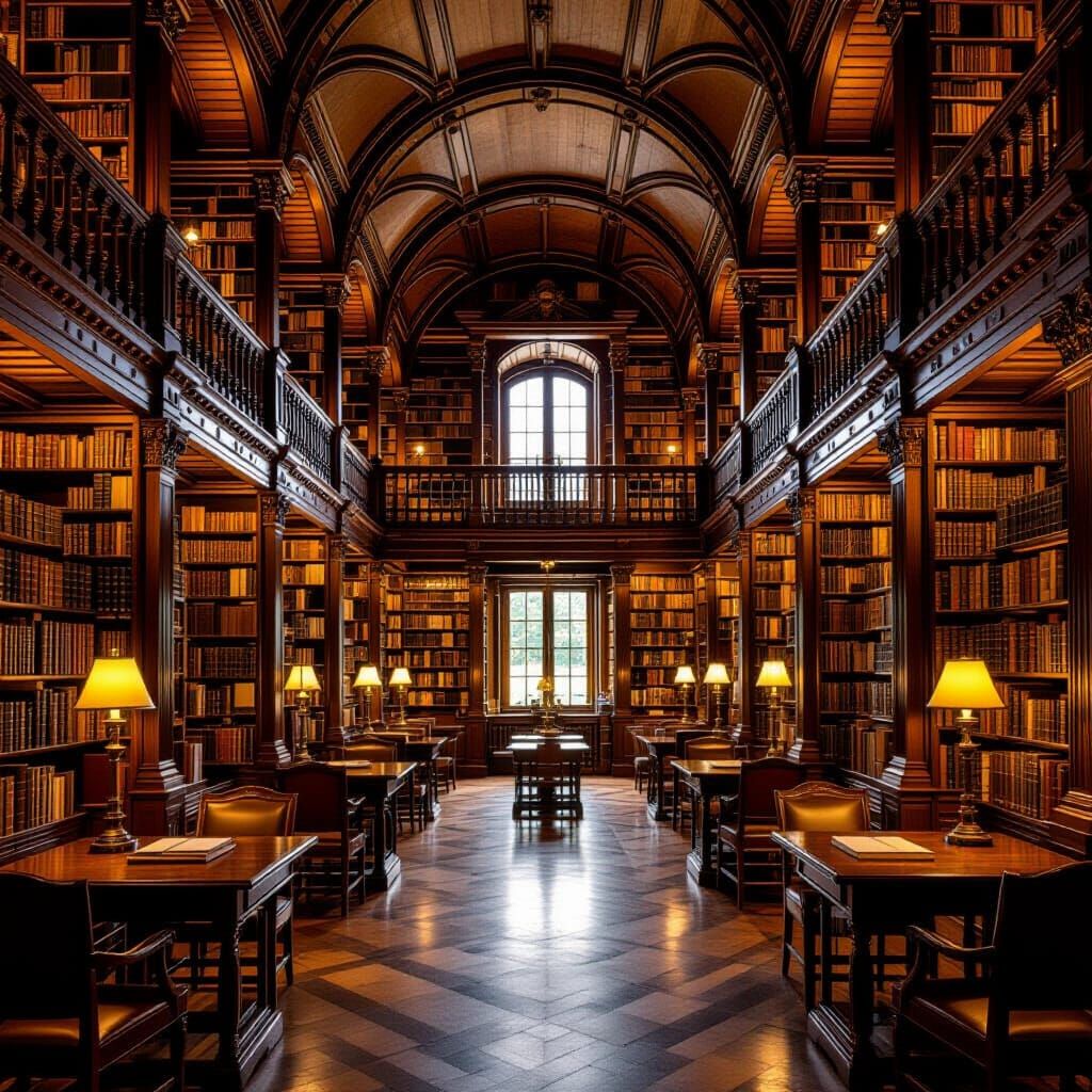 Grand Library with Tall Shelves and Golden Sunlight