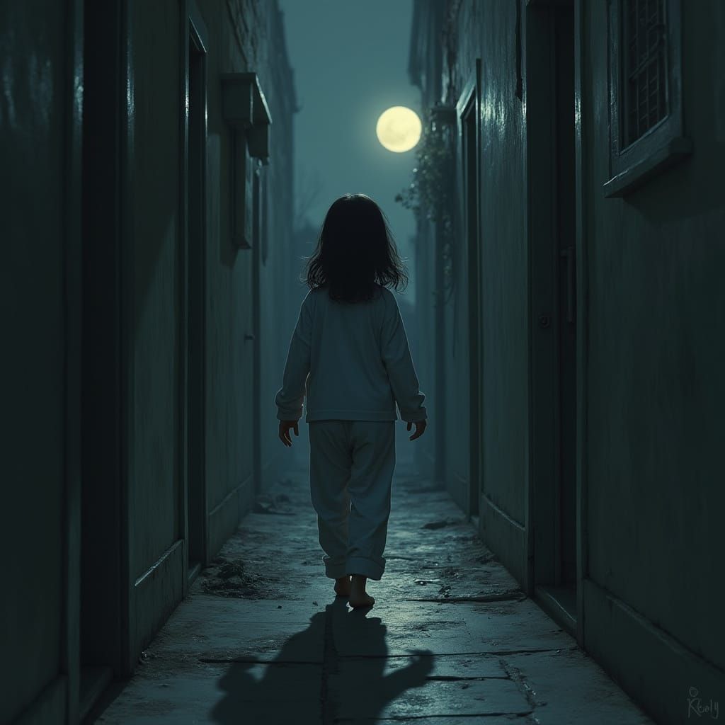Girl Sleepwalking in Dark House, Realistic Style