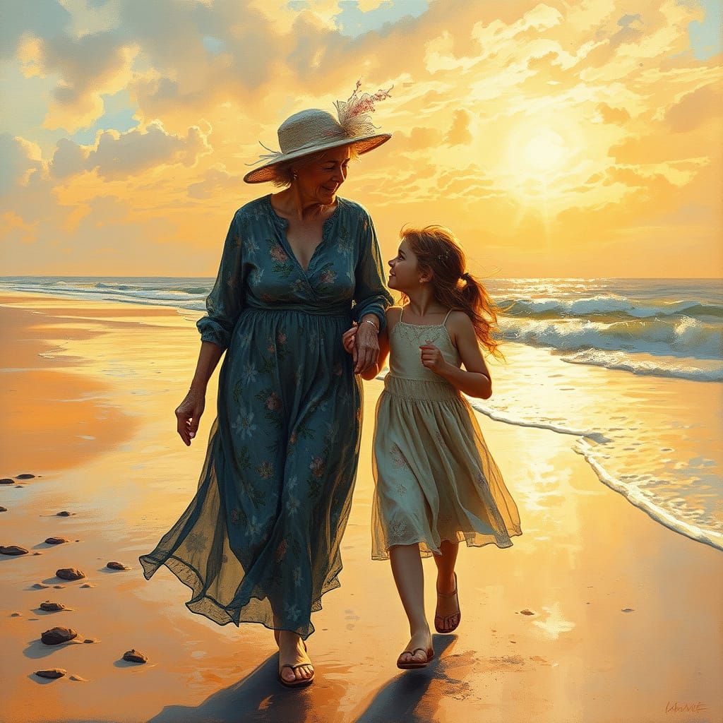 Grandmother and Granddaughter Beach Walk: Impressionist Fant...