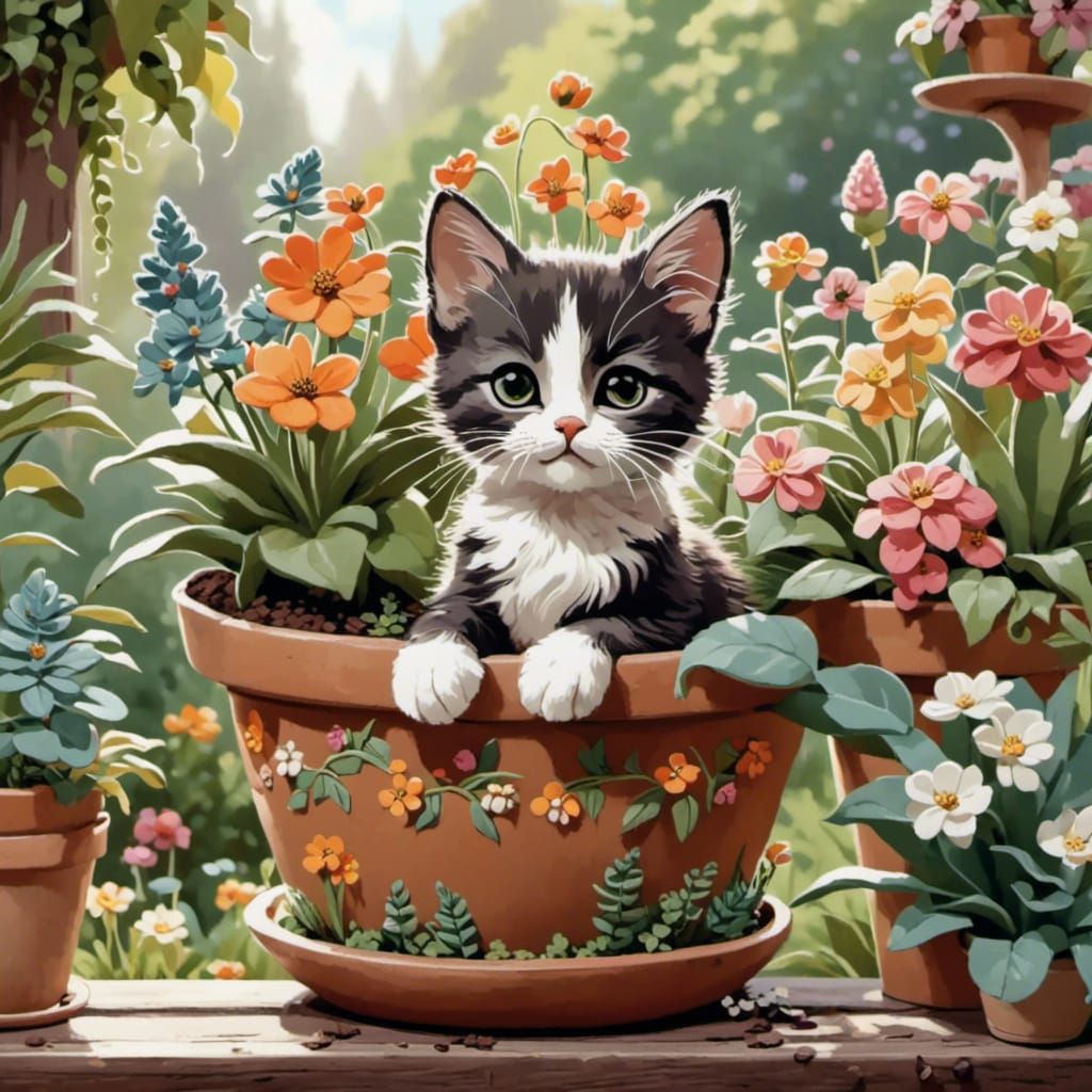 Cute Kitten Asleep in Flower Pot