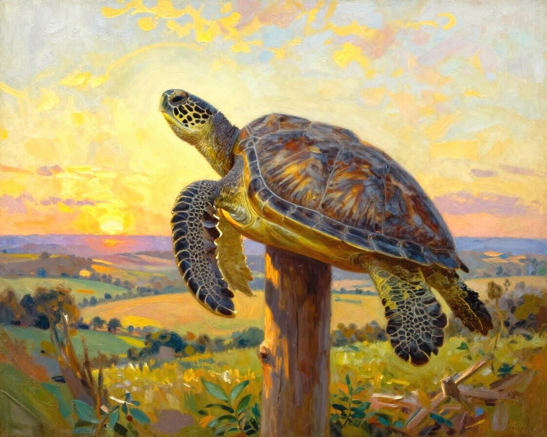 Turtle on High Pole in Countryside Oil Painting