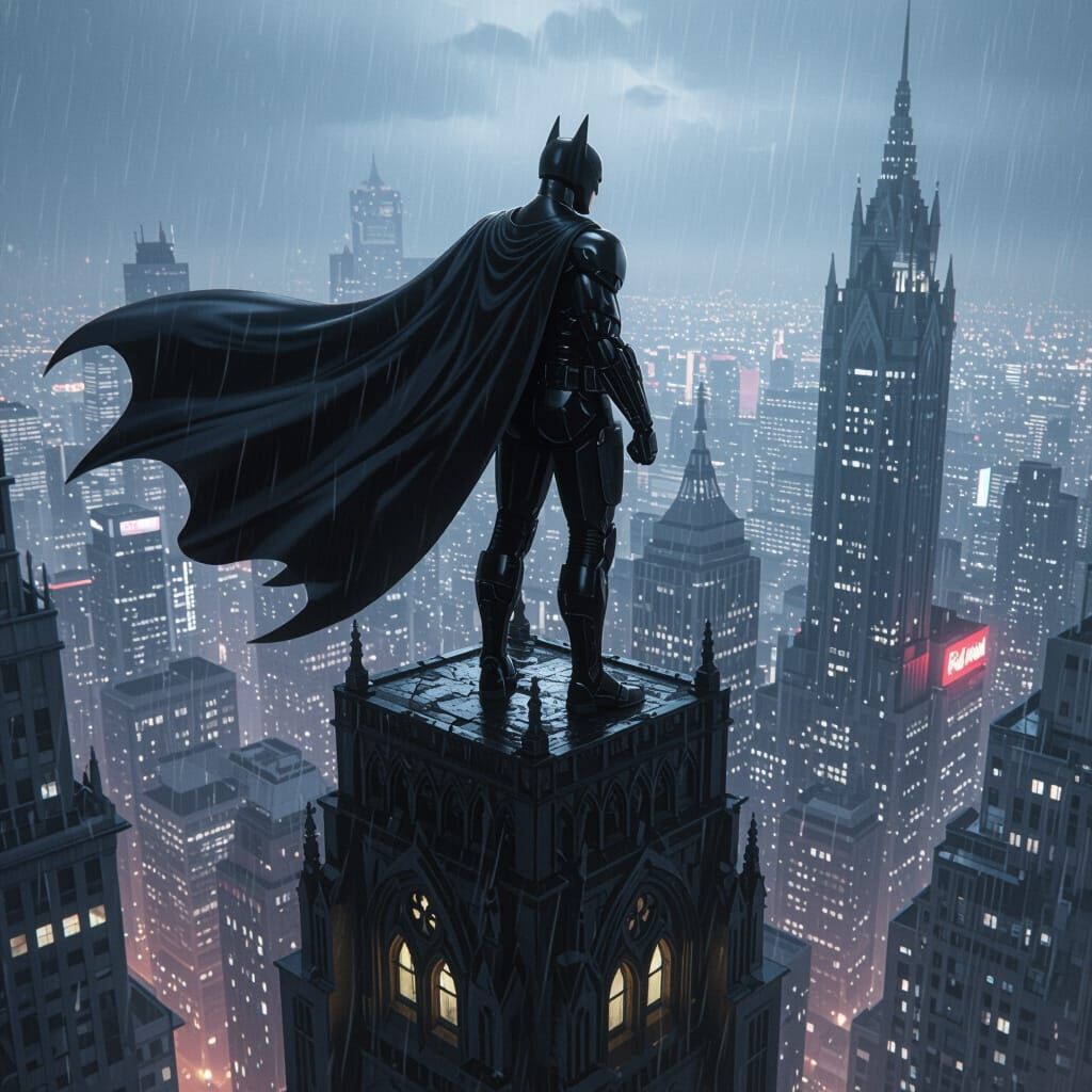 Gothic Vigilante Overlooks Rain-Slicked City in Armored Suit