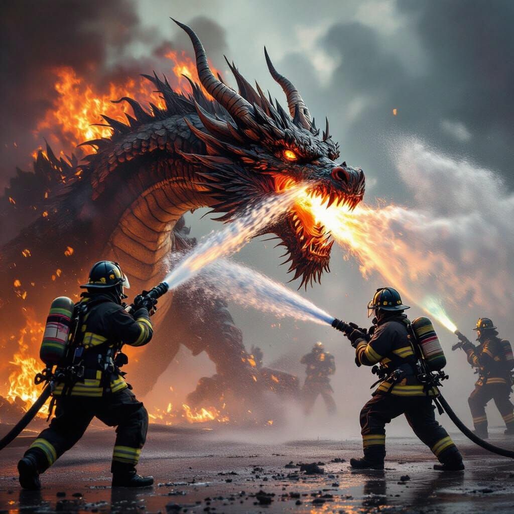 Firefighters Battle Dragon in Dark Romantic Style