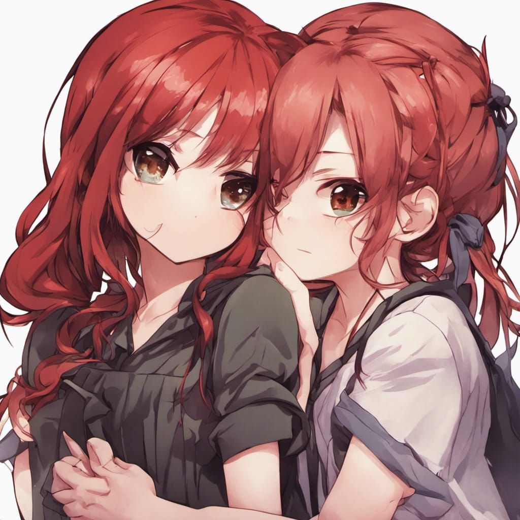 Chibi Red and Black Haired Girls Hugging - Anime Style