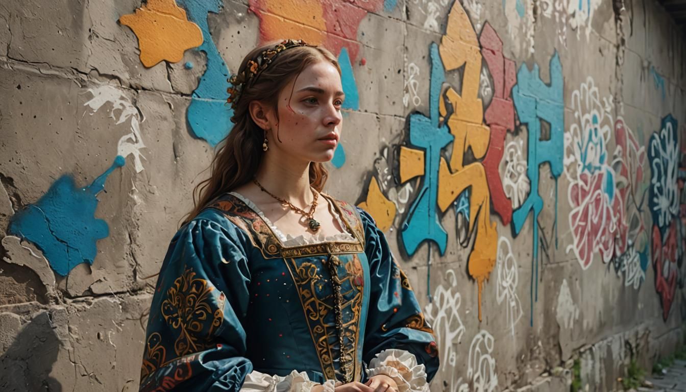 Renaissance Girl Amidst Graffiti: Hyperrealistic Concept Art