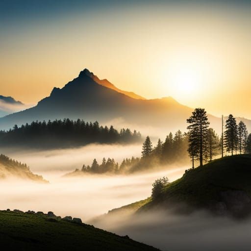 Misty Mountain Landscape with Sunshine