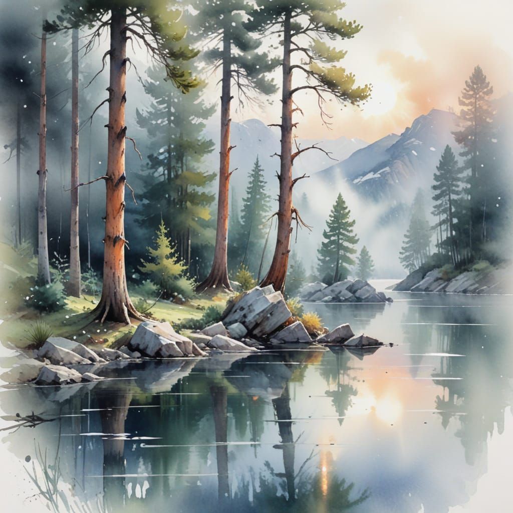 Mist-Kissed Pines Reflecting in Mountain Lake: Watercolour