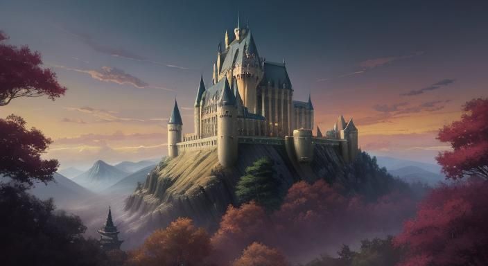 Surreal Sunset on Hogwarts Castle in Whimsical Japanese Digi...