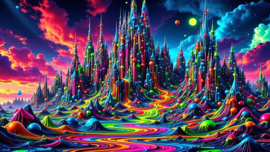 Melting Neon Cyberpunk City in Ornate Style