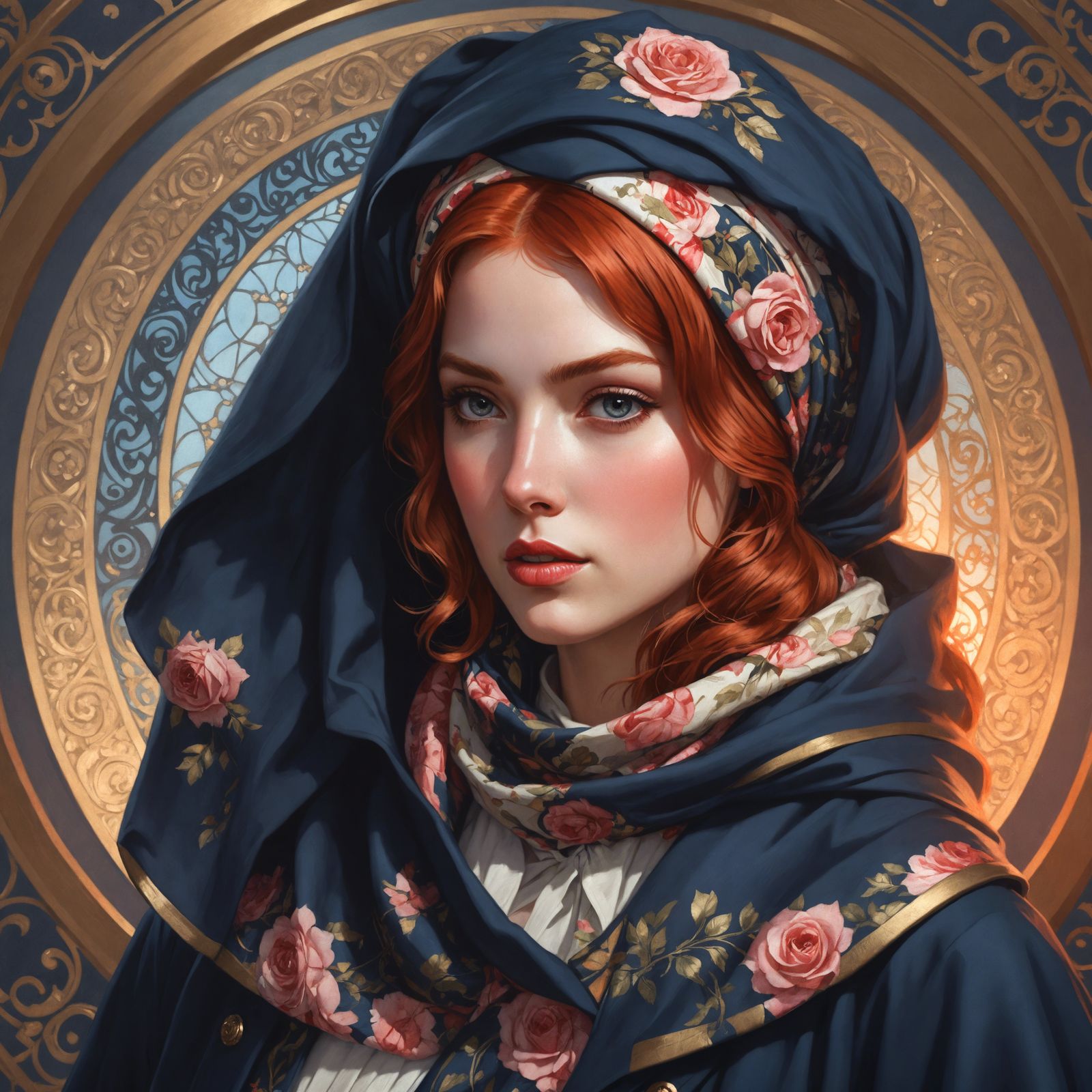 Red-Haired Woman in Cloak, Hyperdetailed Digital Portrait
