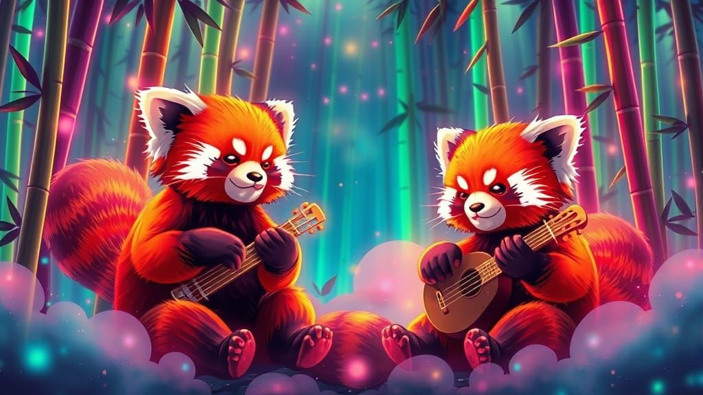 Chibi Red Pandas in Neon Bamboo Forest